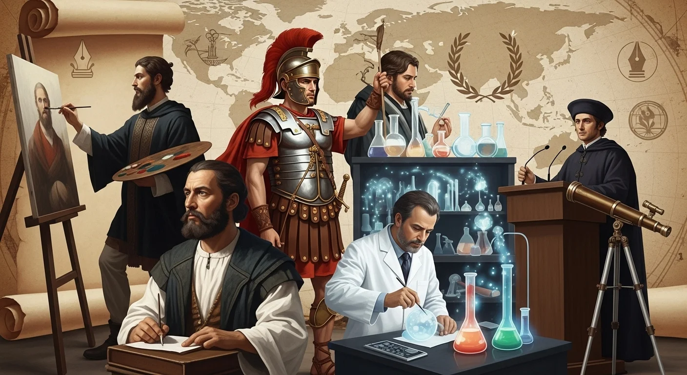 125+ World History Riddles with Answers to Test Your Knowledge 4 Renaissance artists, Roman generals, scientists with laboratory equipment, and explorers with telescopes representing historical figure riddles