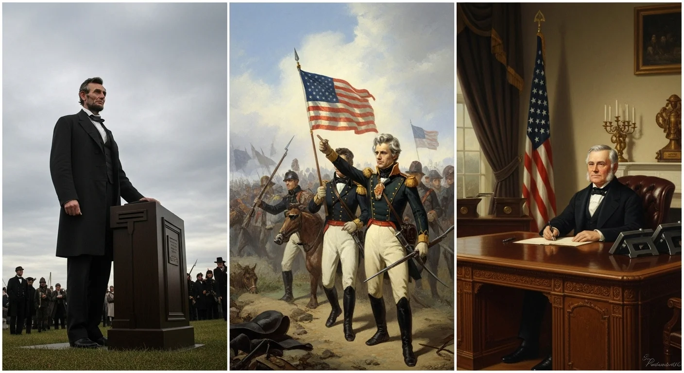 125+ Presidential Riddles & Answers to Test Your History Smarts 2 Three presidential portraits showing Lincoln at podium, Andrew Jackson in military uniform, and presidential figure at desk