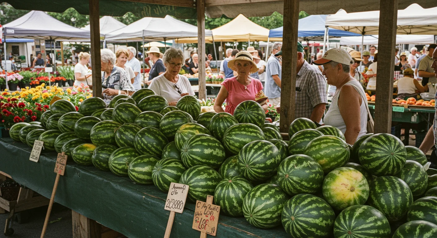 125+ Fun Watermelon Riddles to Slice Up Your Brain 6 Large display of fresh watermelons at farmers market with shoppers browsing produce