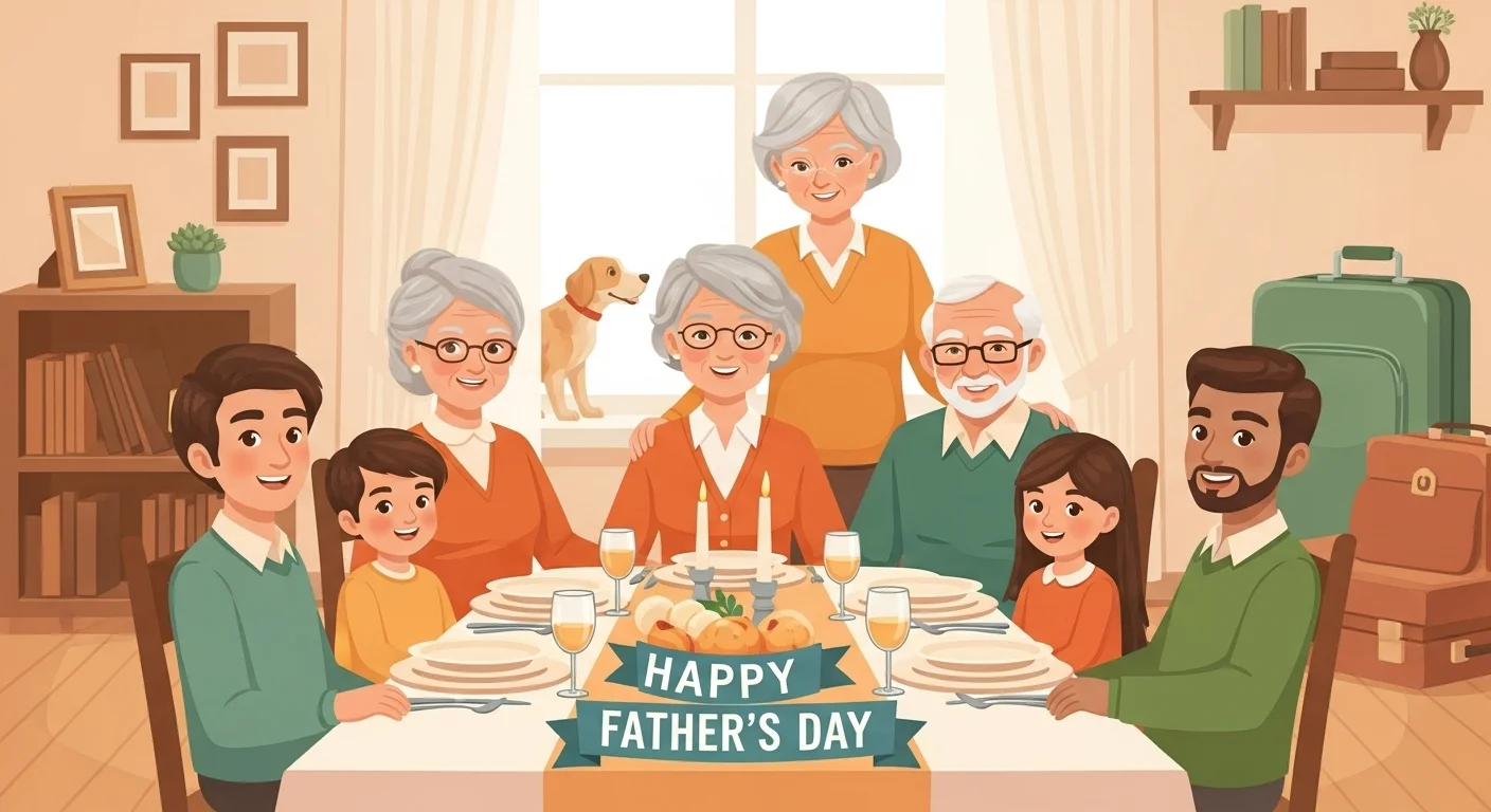 Three generations celebrating Father's Day together at dinner table with grandparents, parents and children