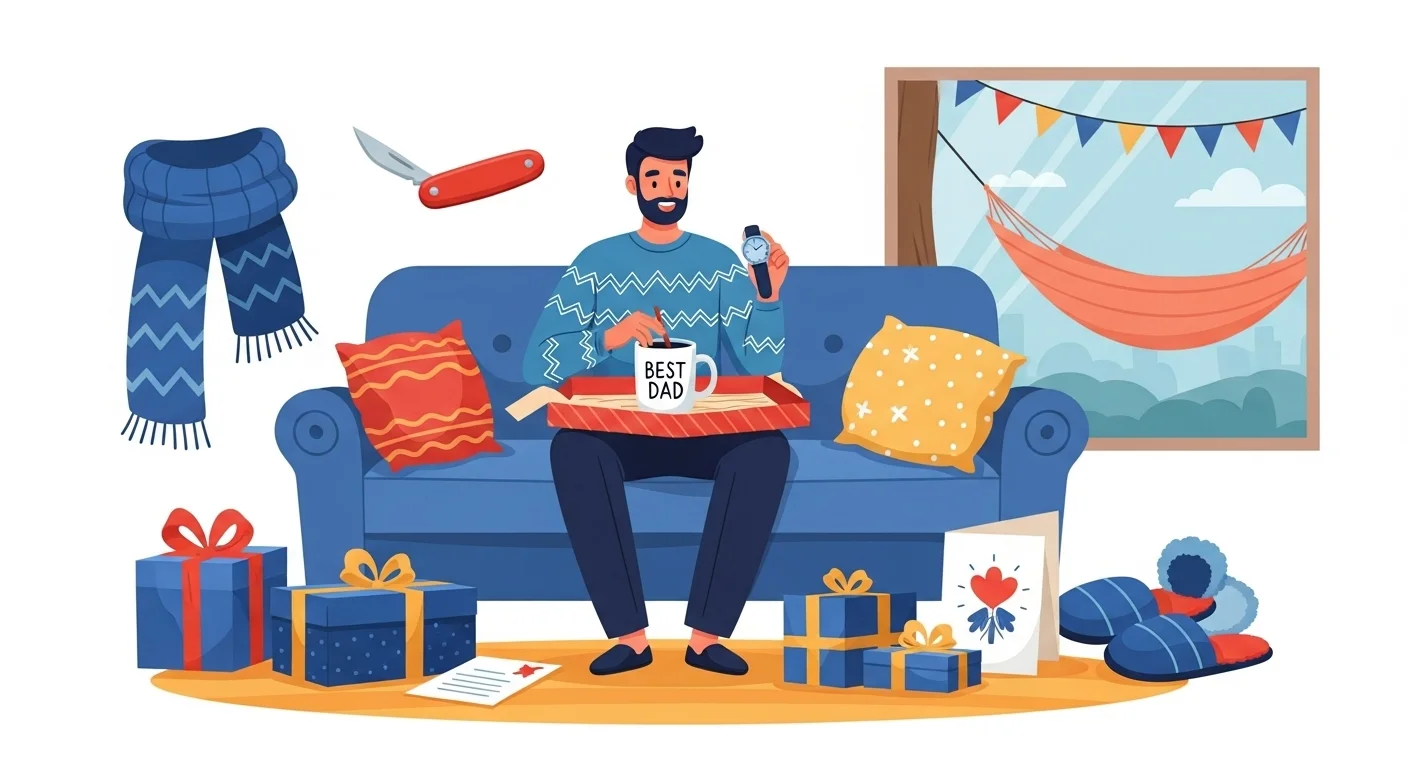 Father relaxing on couch with "Best Dad" mug surrounded by wrapped Father's Day gifts