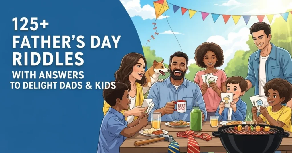 Happy family celebrating Father's Day with father's day riddles, showing diverse fathers and children around outdoor table with barbecue