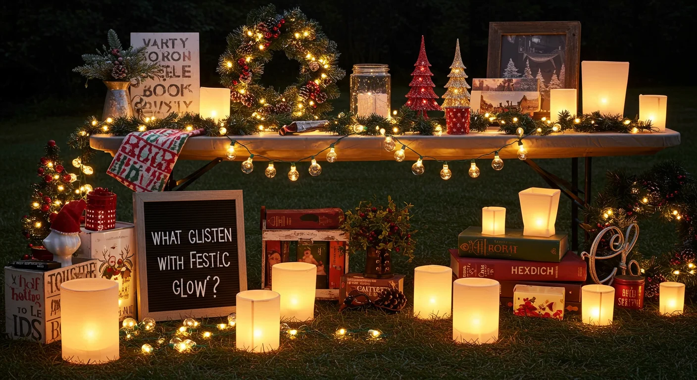 Holiday decoration display with candles, string lights, wreath, and sign reading "What glisten with festive glow?"