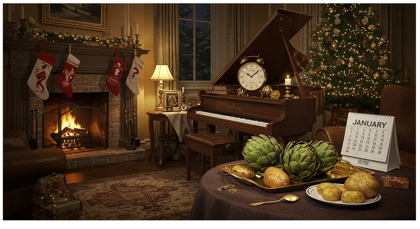 125+ New Year’s Eve Riddles to Solve with Answers 5 Cozy living room decorated for New Year with fireplace, piano, Christmas tree, and traditional Italian artichokes with potatoes