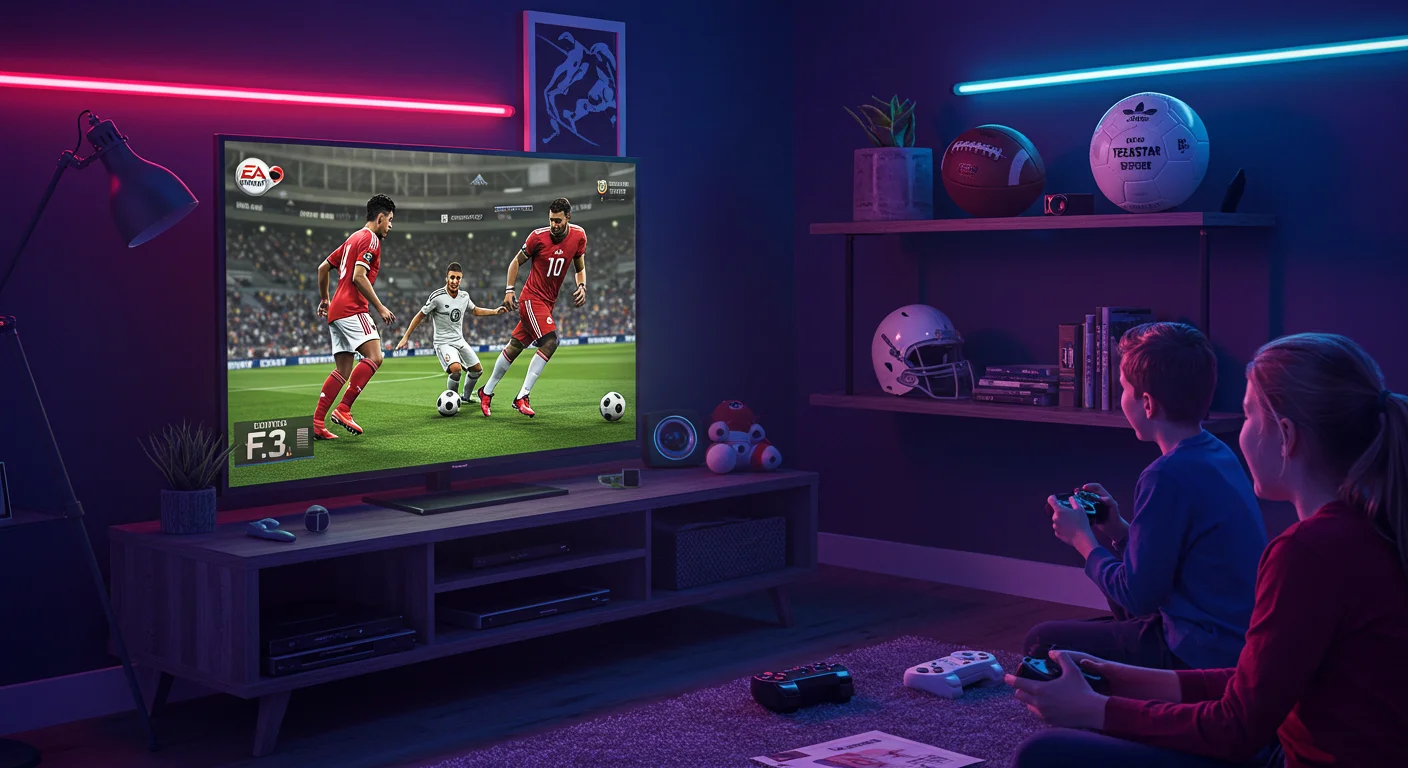 190+ Ultimate Football Riddles for Kids, Adults, and Trivia Fans 8 Two people playing EA Sports FIFA football video game in a neon-lit gaming room