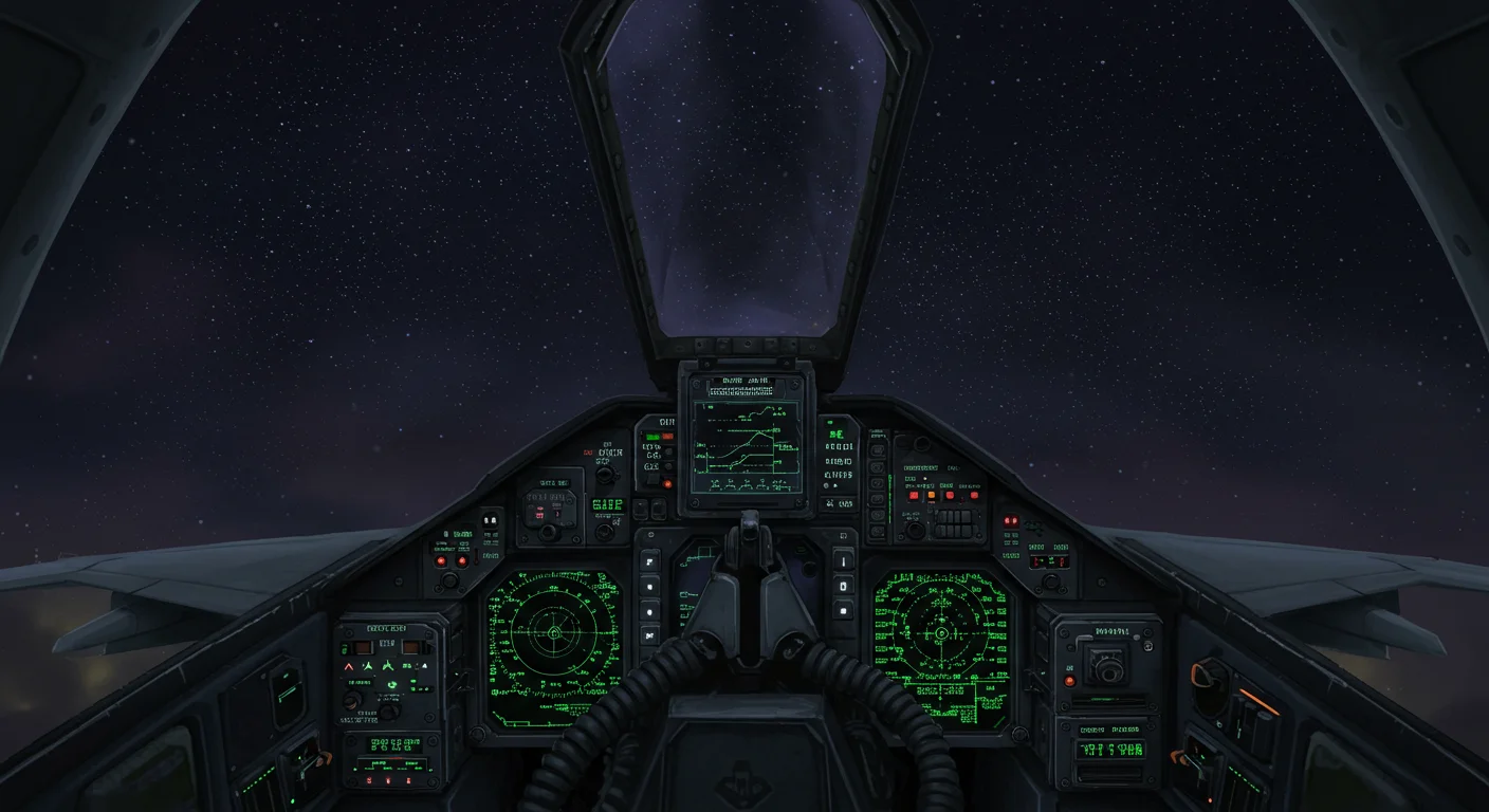 125+ Ultimate Fighter Jet Riddles to Challenge Aviation Enthusiasts 3 Modern fighter jet cockpit view at night showing digital displays, radar screens, and star-filled sky