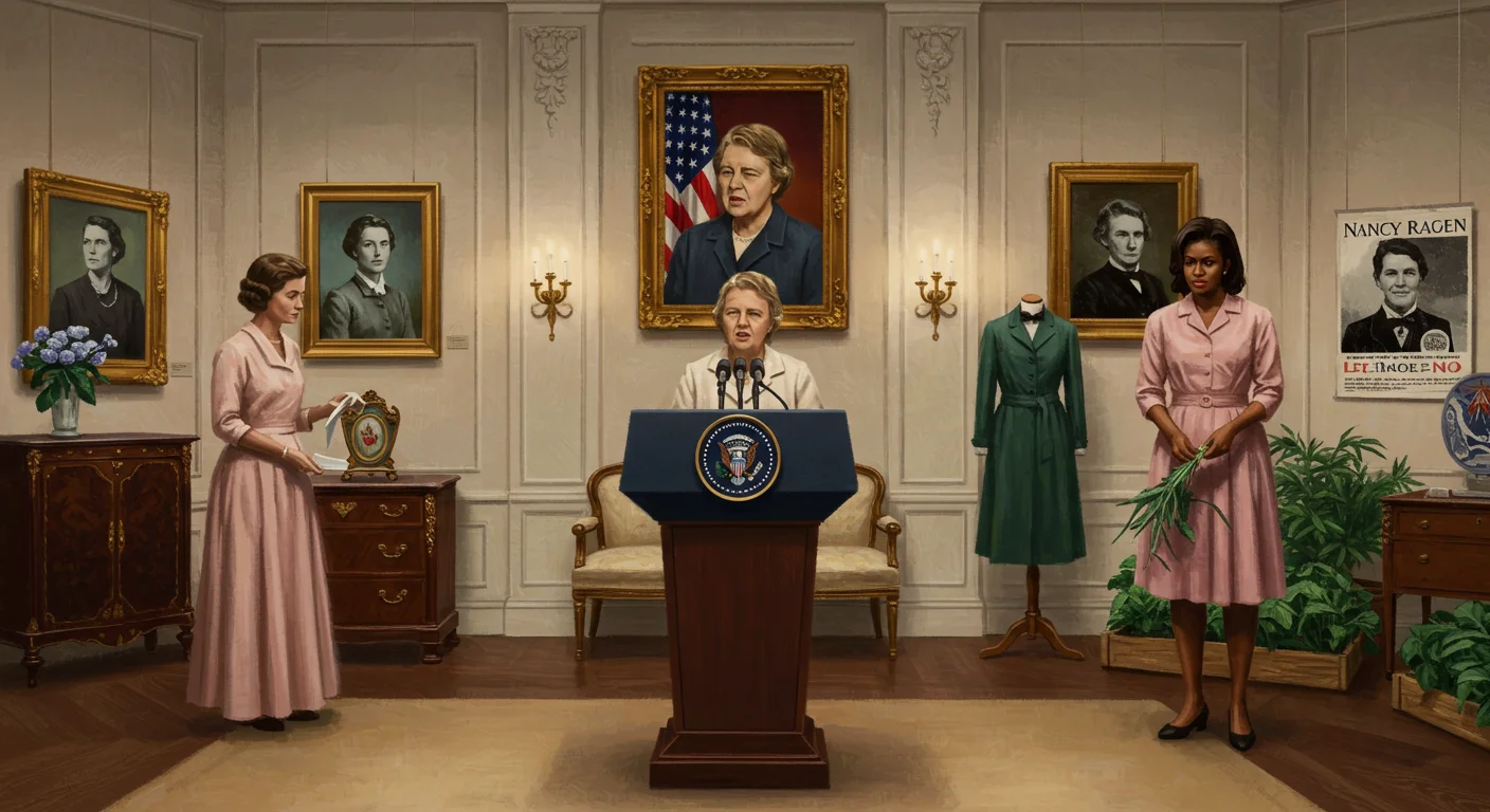 125+ Presidential Riddles & Answers to Test Your History Smarts 5 First Ladies in White House portrait gallery with presidential podium and historical paintings including Nancy Reagan poster