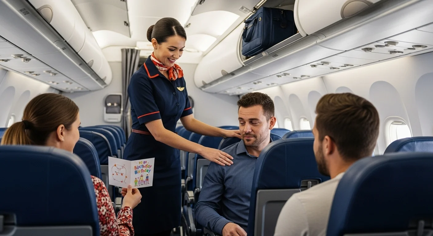 125+ Flight Attendant Riddles Only Crew Will Get (with Answers) 5 Flight attendant celebrating passenger birthday with greeting card during in-flight service in airplane cabin