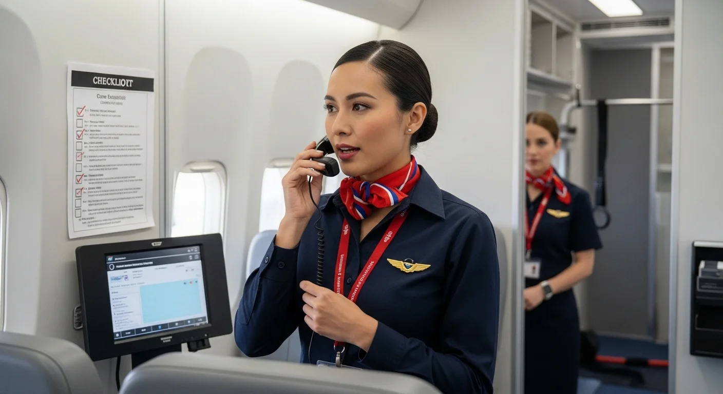 125+ Flight Attendant Riddles Only Crew Will Get (with Answers) 9 Flight attendant riddles in navy uniform with red scarf making passenger announcement using handheld microphone aboard commercial aircraft