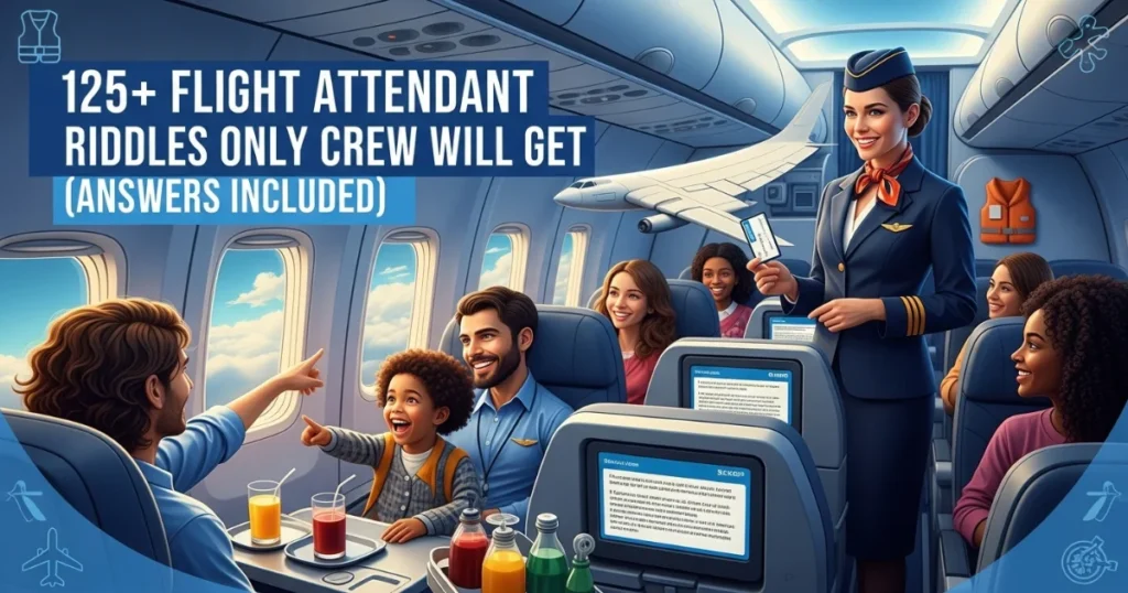 Flight attendant demonstrating riddles game to diverse passengers on commercial aircraft with interactive entertainment screens