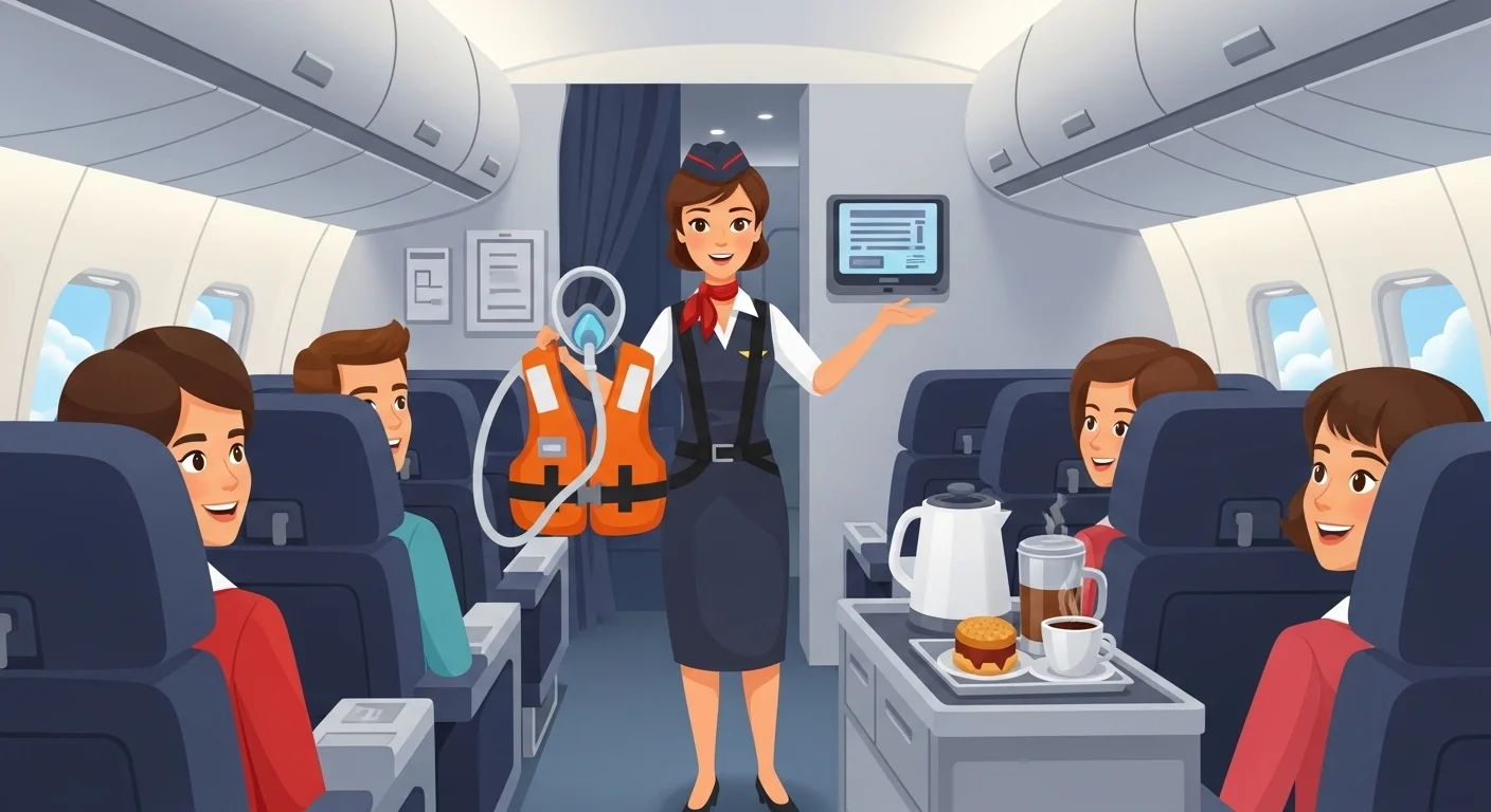 125+ High-Flying Airline Riddles (Answers Included!) 7 Professional flight attendant demonstrating safety equipment to passengers in modern aircraft cabin with meal service cart