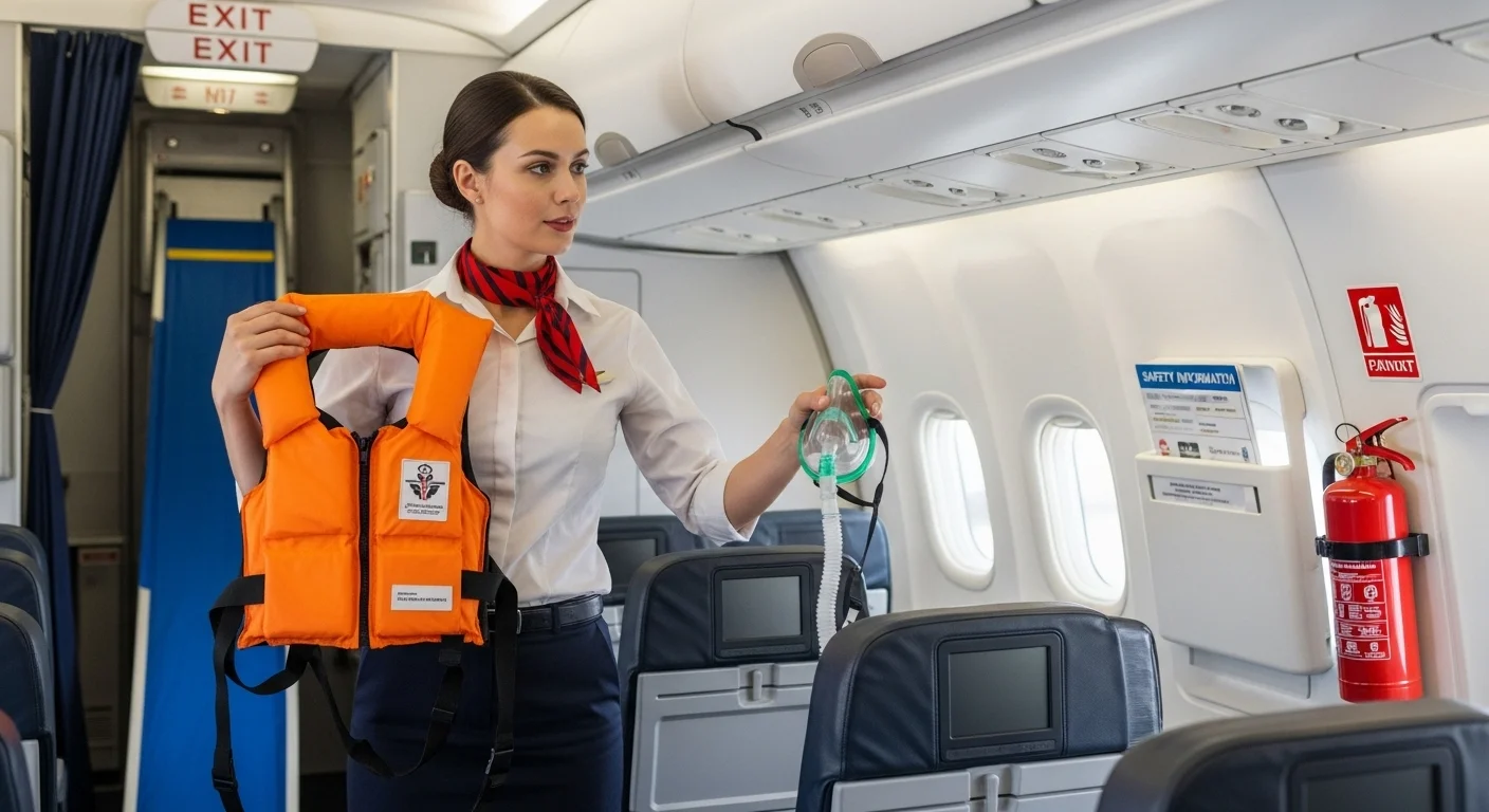 125+ Flight Attendant Riddles Only Crew Will Get (with Answers) 4 Flight attendant conducting safety demonstration with life vest and oxygen mask in aircraft cabin