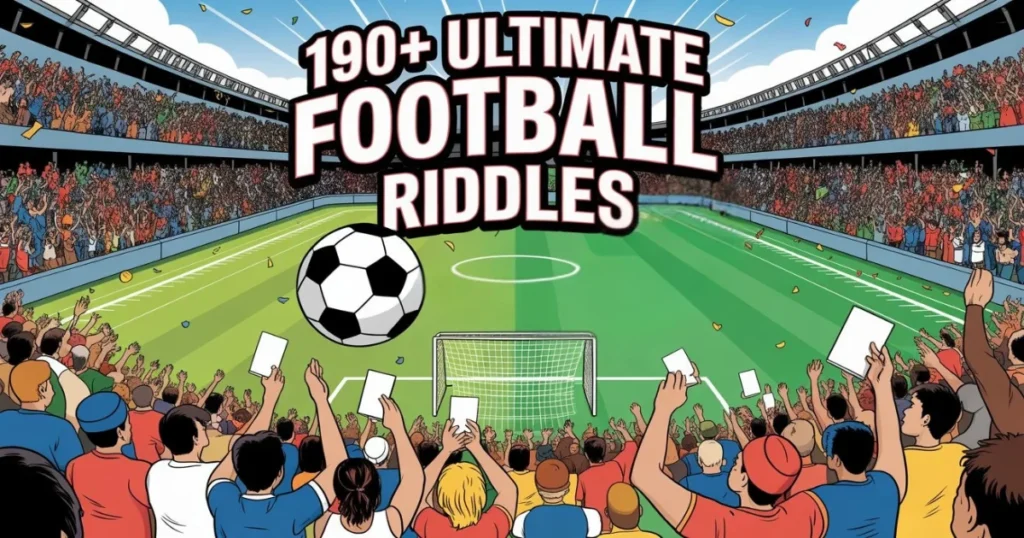 Illustrated football stadium with "190+ Ultimate Football Riddles" text and soccer ball