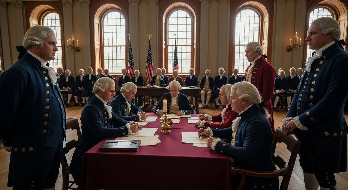 125+ Presidential Riddles & Answers to Test Your History Smarts 1 Founding fathers in period dress signing documents at Constitutional Convention in Independence Hall