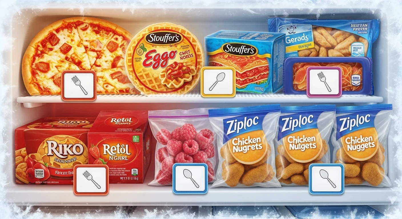 125+ Ice-Cold Freezer Riddles to Chill Your Brain (with Answers!) 7 Well-organized freezer shelves displaying Stouffer's meals, Ziploc bags, pizza, and frozen foods with utensil symbol labels for riddle identification
