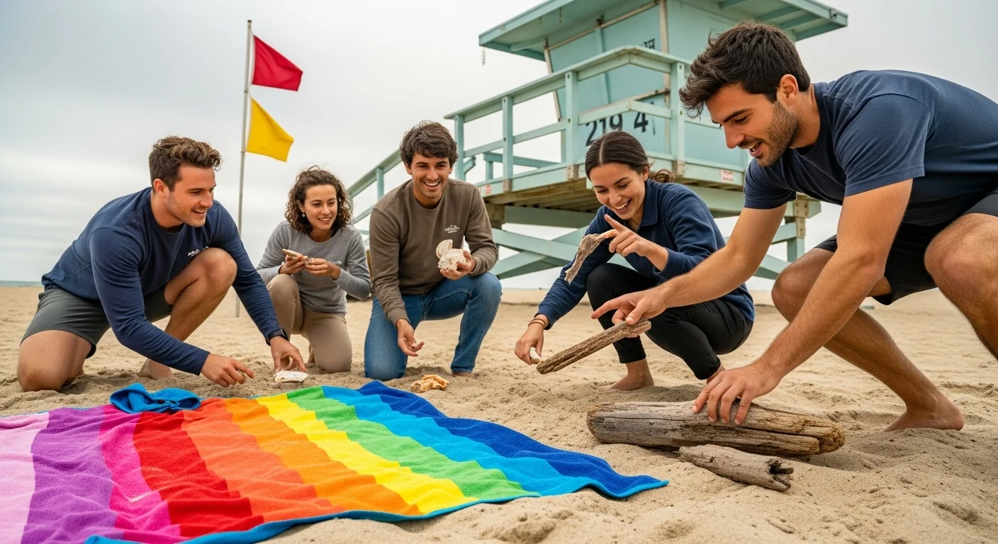 125+ Sandy Beach Riddles to Solve (Answers Included!) 3 Group of young adults sitting on beach near lifeguard station with rainbow-striped towel and driftwood