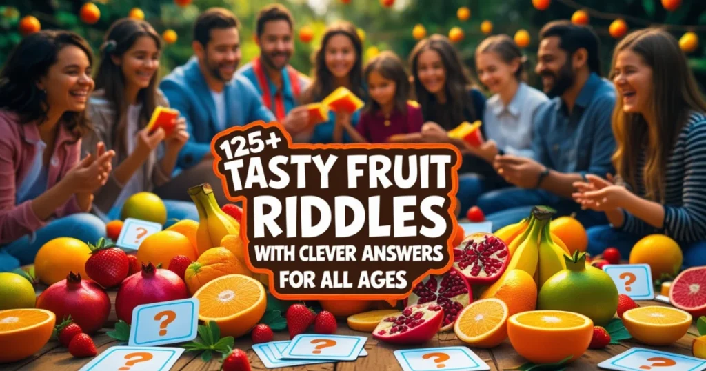Family gathering with colorful fruits and riddle cards for an interactive fruit riddles game
