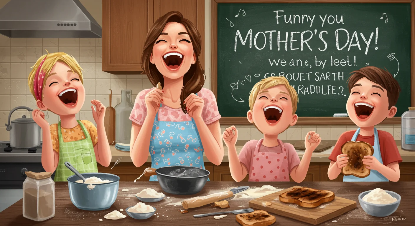 Mother and three children laughing in kitchen with messy baking ingredients and chalkboard riddle