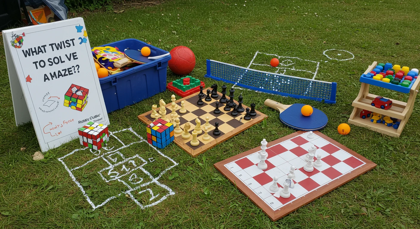 Children's games and puzzles display at yard sale featuring Rubik's Cubes, chess sets, and a sign asking "What twist to solve amaze??"