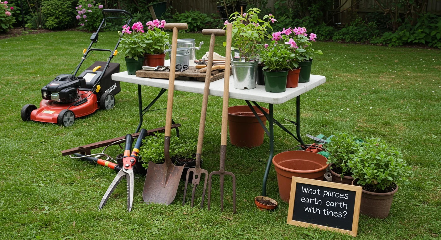 Garden tools including lawn mower, pitchfork, shovel, and potted geraniums with a sign reading "What pierces earth with tines?"
