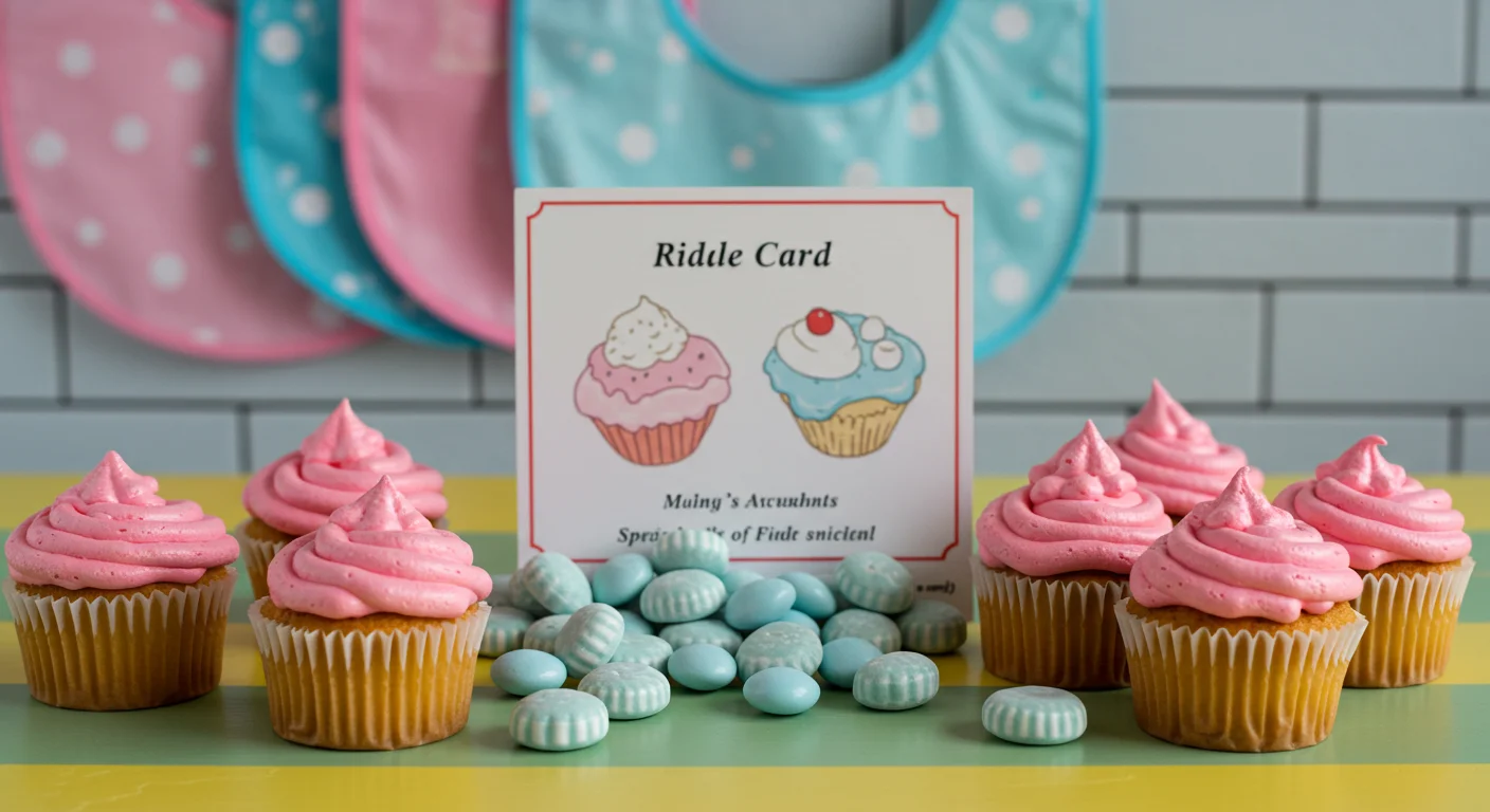 125+ Gender Reveal Riddles to Guess Baby’s Secret (Answers!) 6 Pink frosted cupcakes with riddle card showing cupcake illustrations surrounded by blue mints and polka dot plates