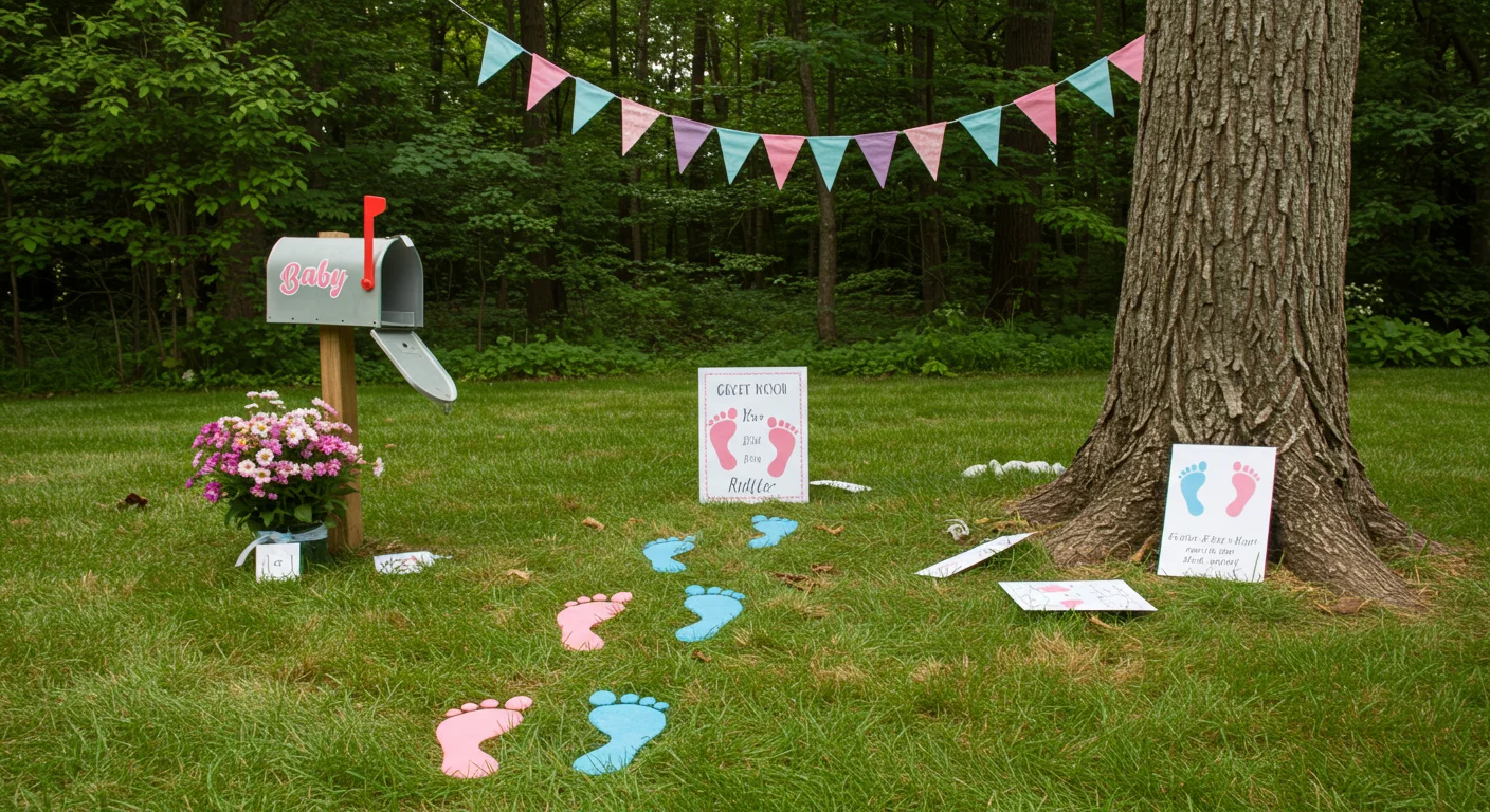 125+ Gender Reveal Riddles to Guess Baby’s Secret (Answers!) 13 Outdoor gender reveal party setup with riddle game featuring pink and blue footprints, mailbox, and bunting decorations