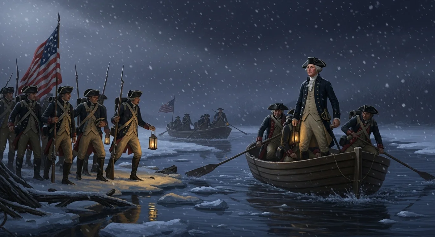 125+ American History Riddles: Test Your American Knowledge 2 George Washington crossing the Delaware River with Continental Army soldiers in winter during Revolutionary War