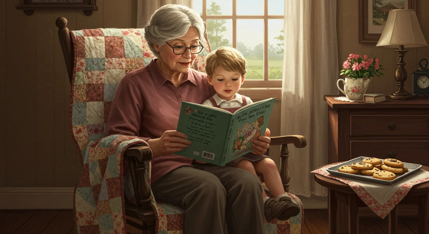Grandmother reading Mother's Day storybook to young grandson in cozy armchair