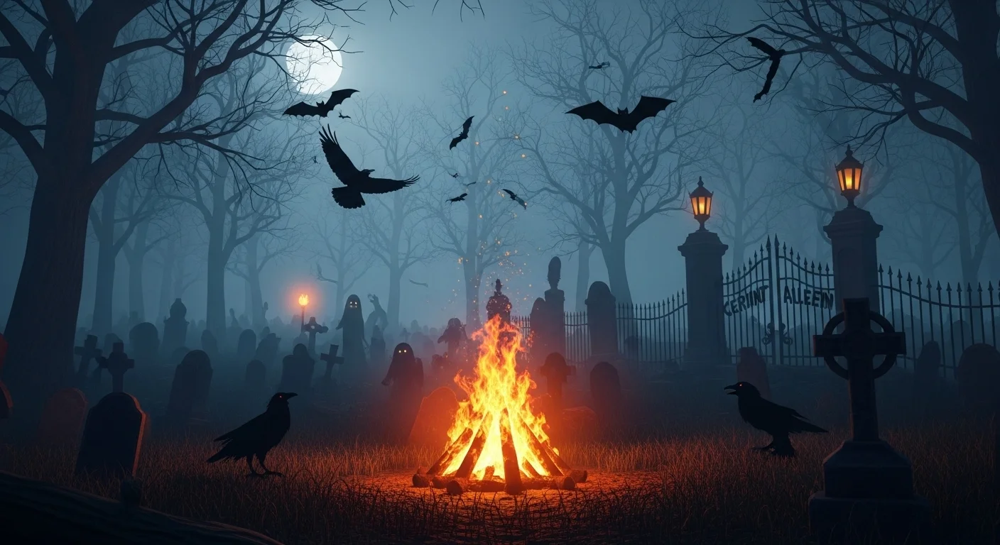 125+ Halloween Riddles: Spooky Clues & Answers to Thrill All! 4 Spooky Halloween cemetery with bonfire, ghosts, ravens, and bats under full moon with iron gates