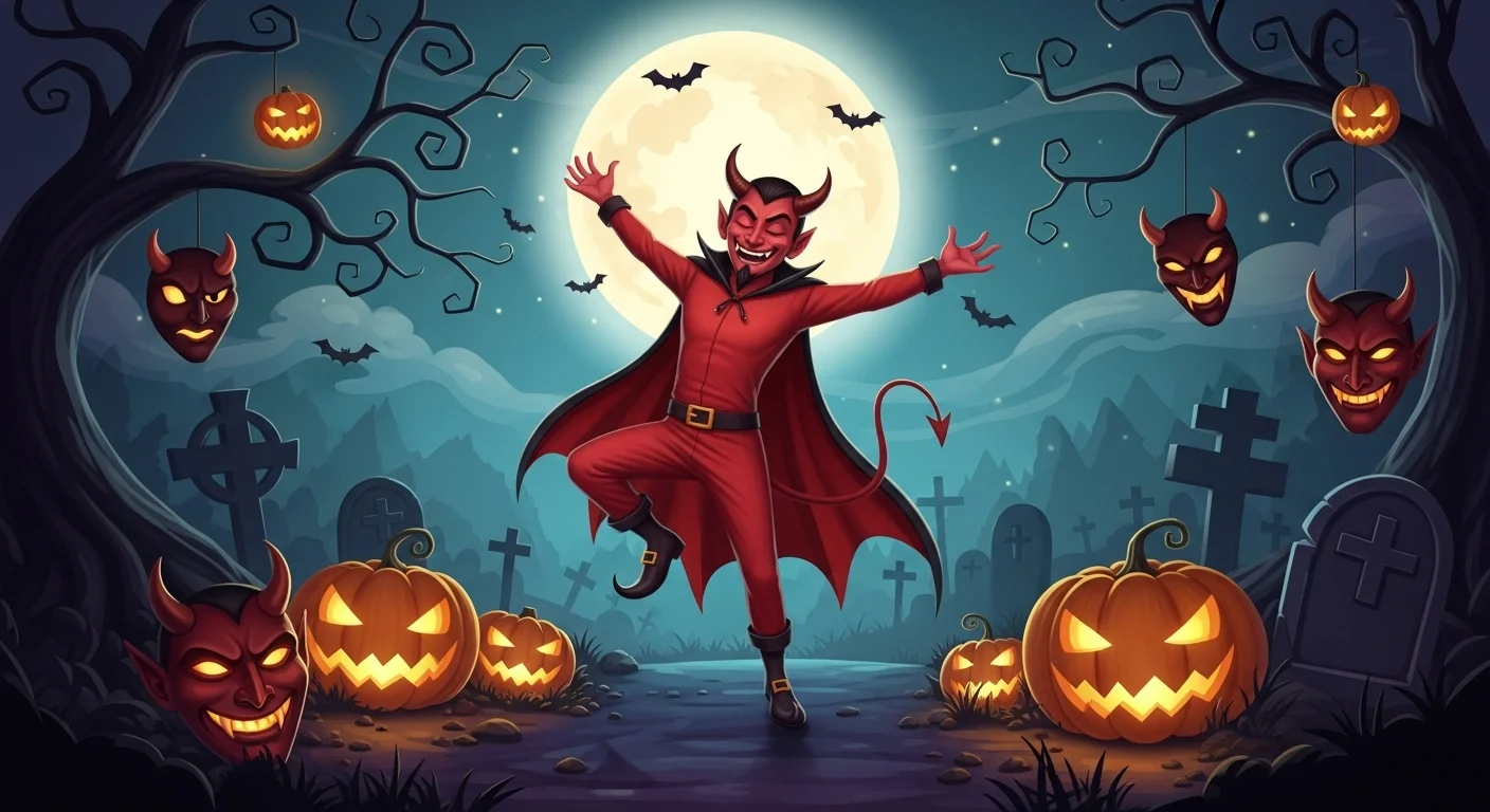 125+ Devil Riddles with Answers: A Devilishly Fun Challenge 8 Playful red devil dancing in spooky cemetery with jack-o-lanterns under full moon and bats