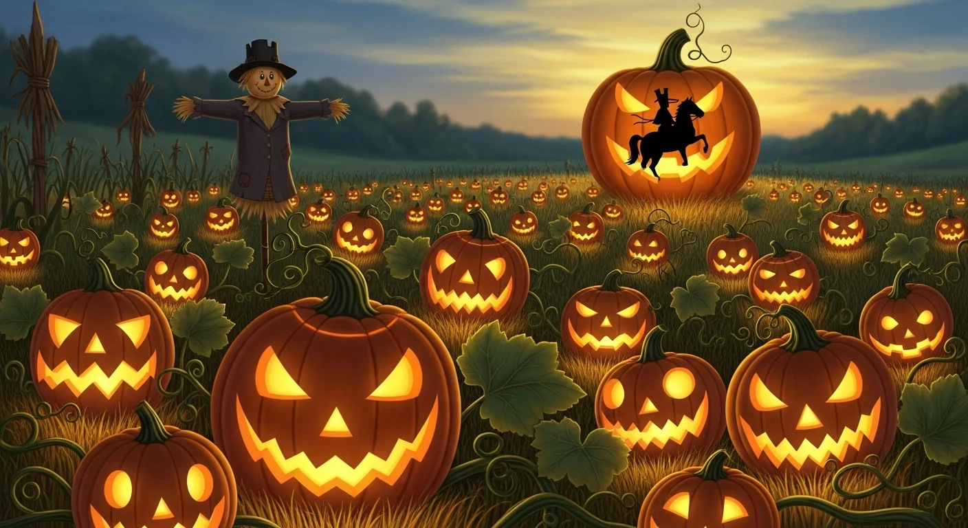 125+ Halloween Riddles: Spooky Clues & Answers to Thrill All! 3 Field of glowing jack-o'-lanterns with scarecrow and giant headless horseman pumpkin at sunset