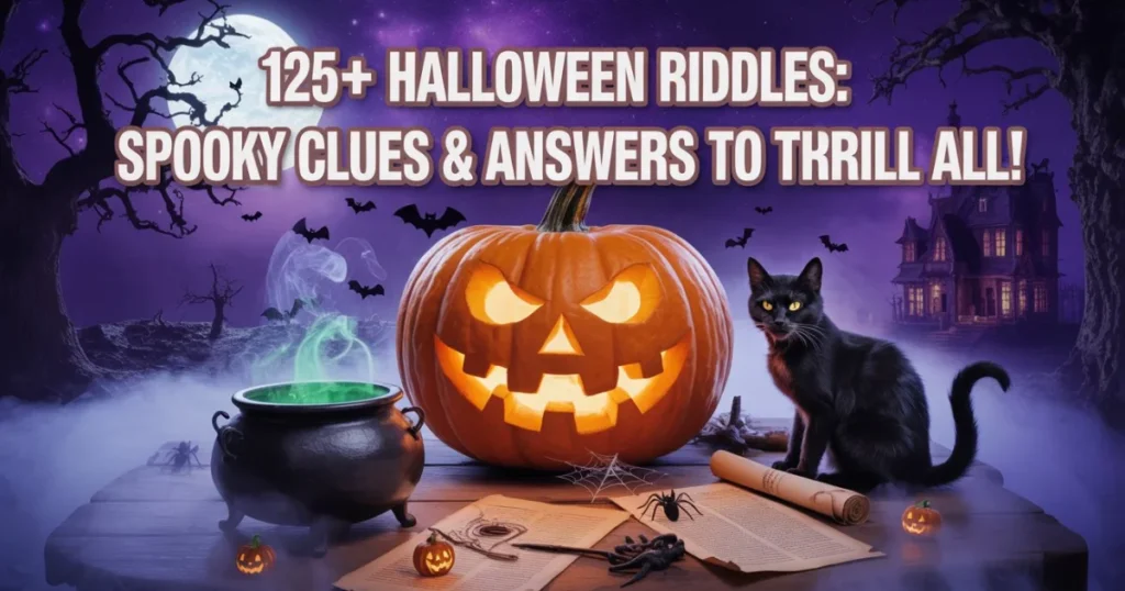125+ Halloween riddles with spooky clues and answers featuring a jack-o-lantern, black cat, cauldron, and haunted house