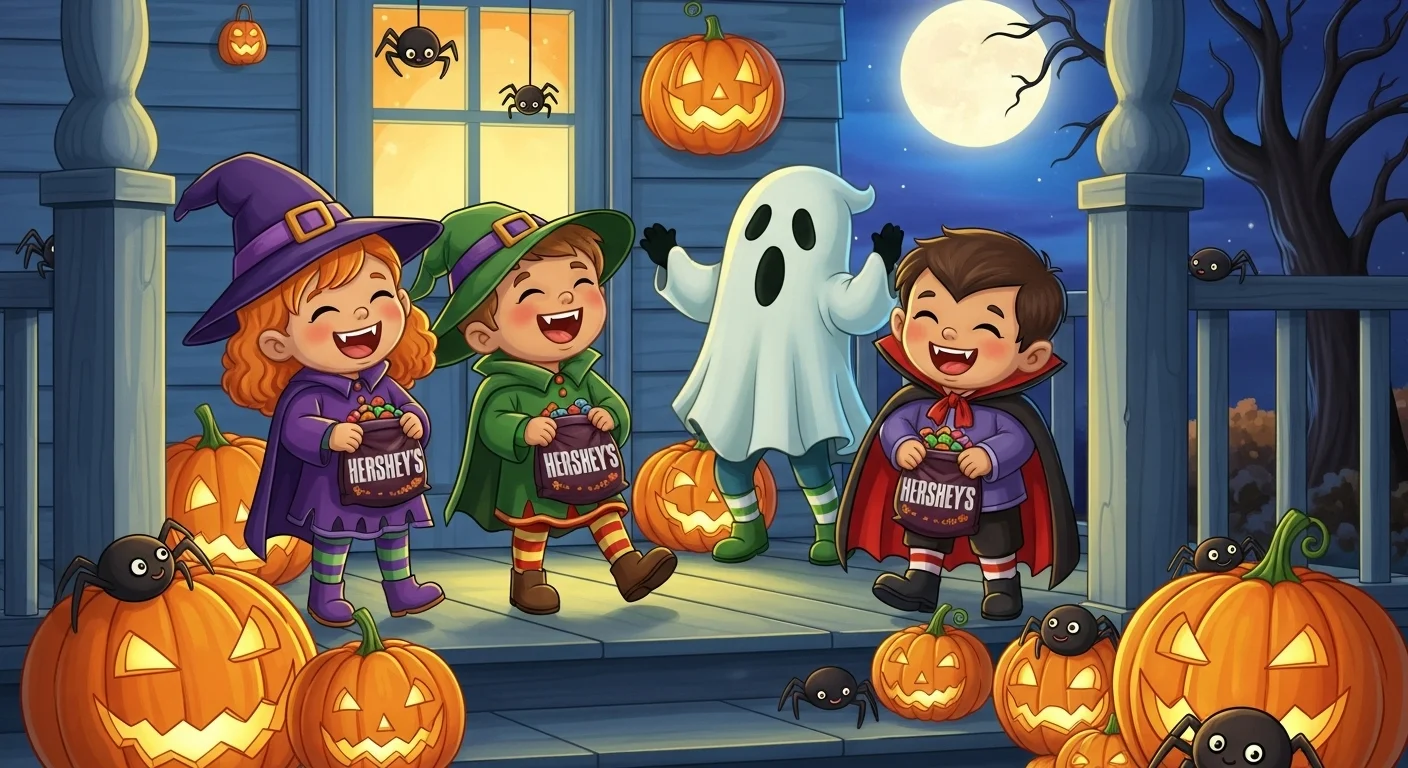 125+ Halloween Riddles: Spooky Clues & Answers to Thrill All! 1 Children in Halloween costumes trick-or-treating with jack-o-lanterns and spiders under a full moon