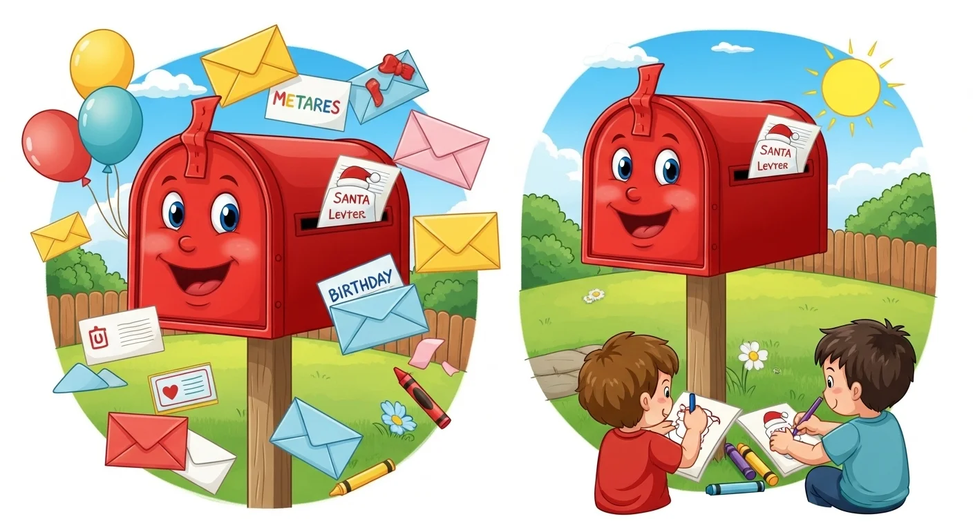 125+ Letter-Perfect Mailbox Riddles (Answers Inside!) 5 Cartoon red mailbox with smiling face surrounded by colorful letters and balloons, with two children writing letters on the ground