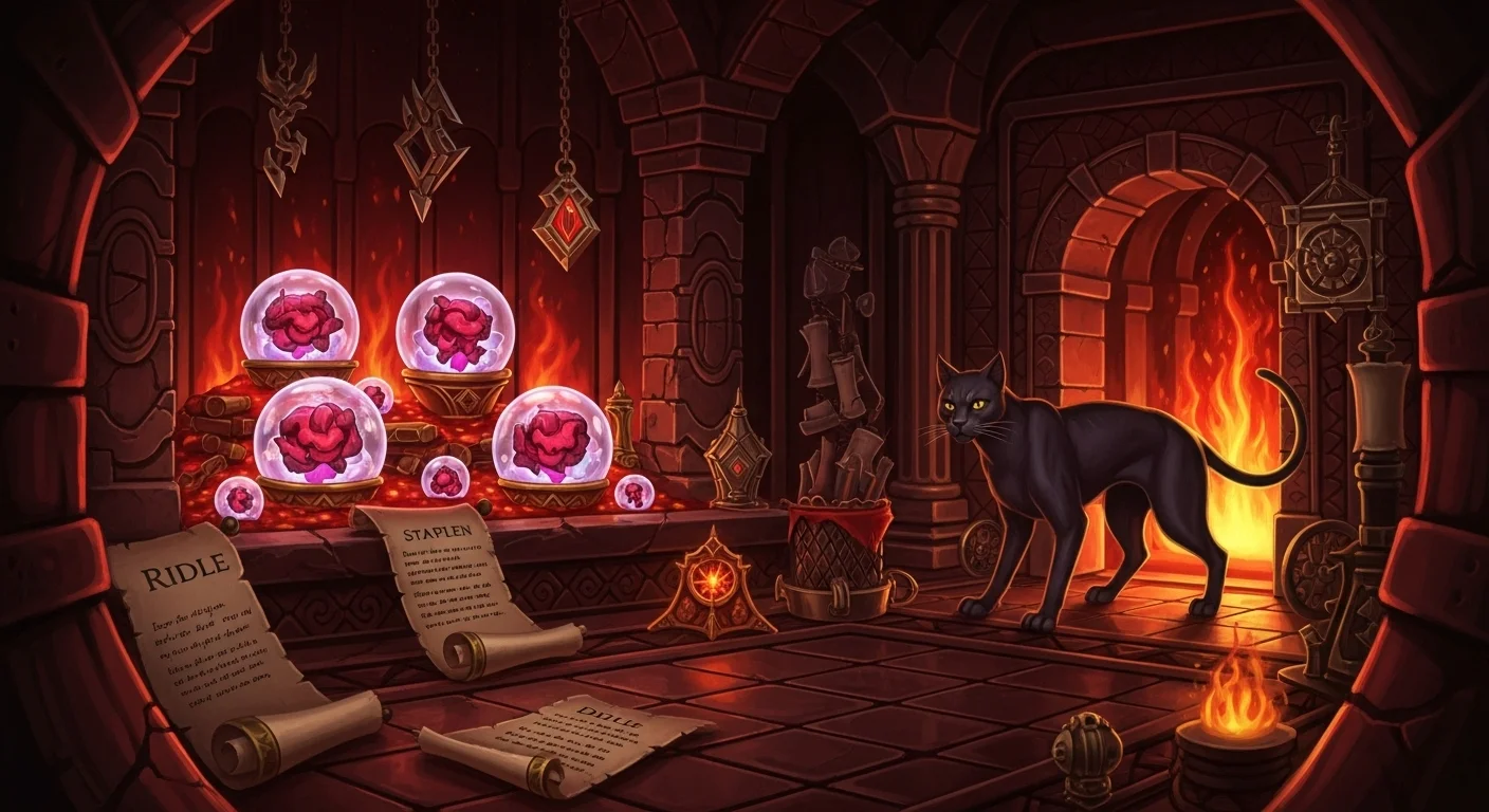 125+ Devil Riddles with Answers: A Devilishly Fun Challenge 12 Medieval hell laboratory with glowing potion bottles, ancient scrolls labeled riddle and staplen, black cat near fireplace