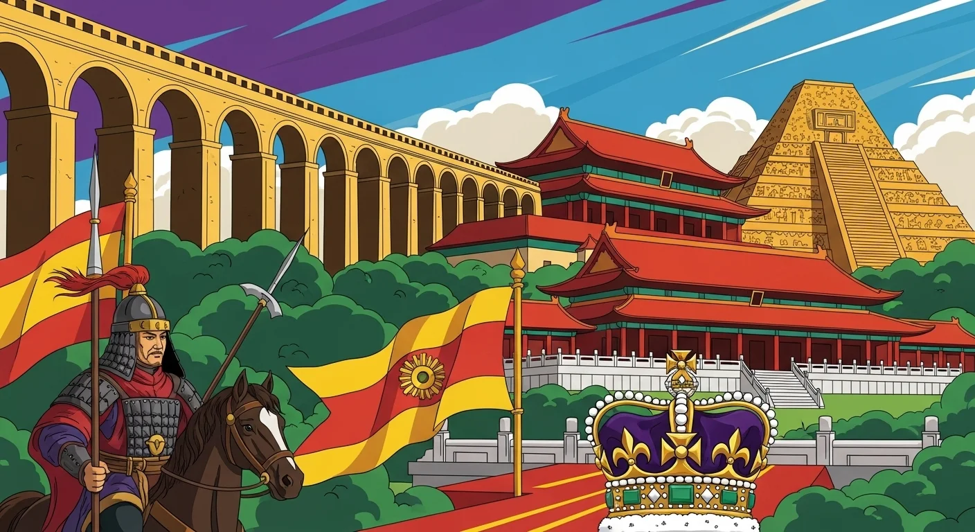 125+ World History Riddles with Answers to Test Your Knowledge 9 Illustrated composite scene featuring Roman aqueduct, Chinese pagoda, Egyptian pyramid, medieval warrior on horseback, and ornate crown representing major historical civilizations