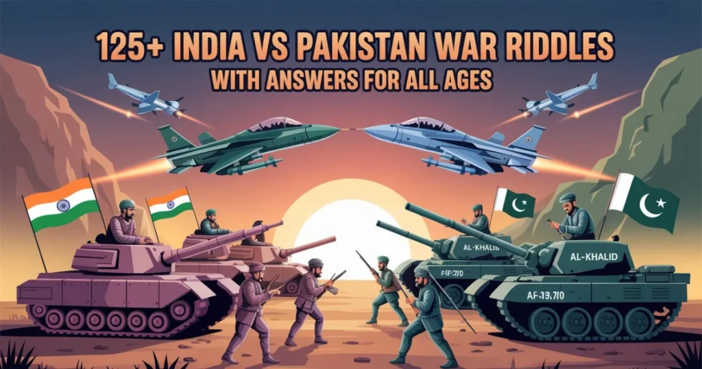 Illustrated banner showing India vs Pakistan War Riddles and military conflict with fighter jets, tanks, and soldiers representing both nations' forces
