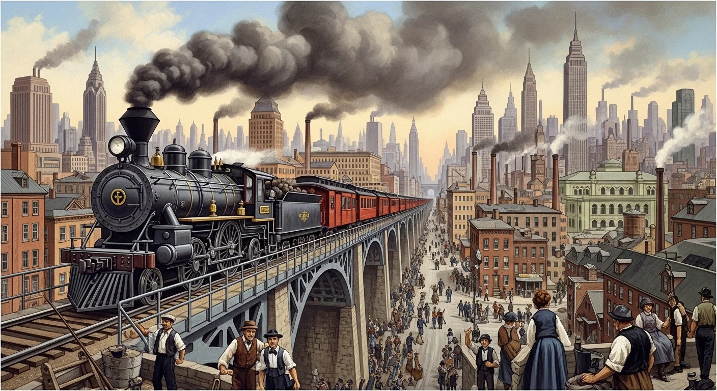 125+ American History Riddles: Test Your American Knowledge 6 Steam locomotive crossing bridge over bustling 19th century American industrial city with factories and smokestacks