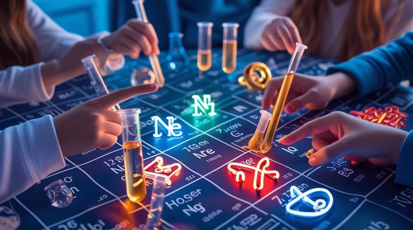 125+ Mind‑Blowing Table Riddles That Will Have Everyone Guessing 6 Interactive periodic table gaming experience with illuminated chemical elements and test tubes filled with colored liquids