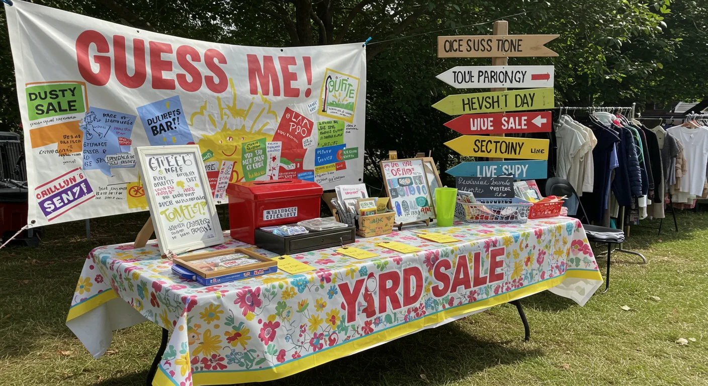 Yard sale table with colorful "Guess Me!" banner and creative directional signs for various yard sale sections