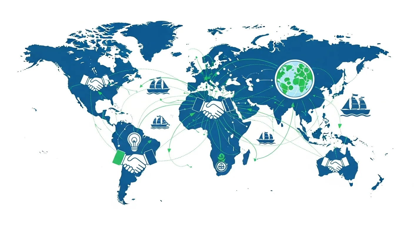 World map showing international trade routes, diplomatic handshakes, and global cooperation symbols across continents