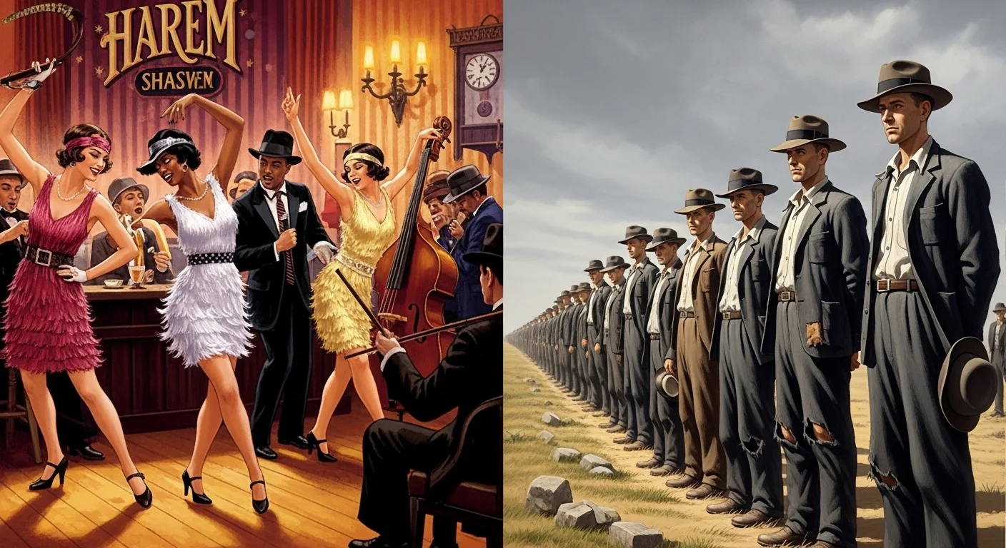 125+ American History Riddles: Test Your American Knowledge 8 Split image showing Jazz Age Harlem nightclub dancers contrasted with Great Depression breadline workers