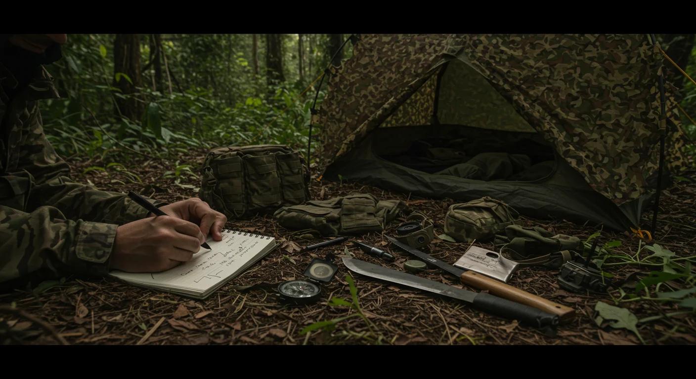 125+ Military Riddles to Outsmart Any General! Answers Included! 6 Military field journal being written in jungle survival setting with tactical equipment