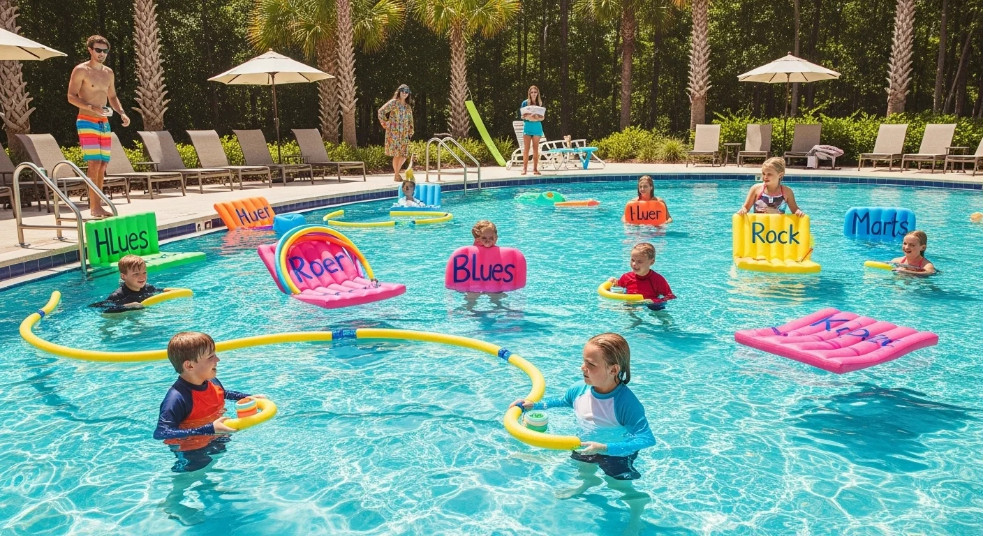 125+ Splash-Tastic Swimming Pool Riddles (Answers Inside!) 7 Children participating in educational pool activity with colorful learning stations and word games in swimming pool