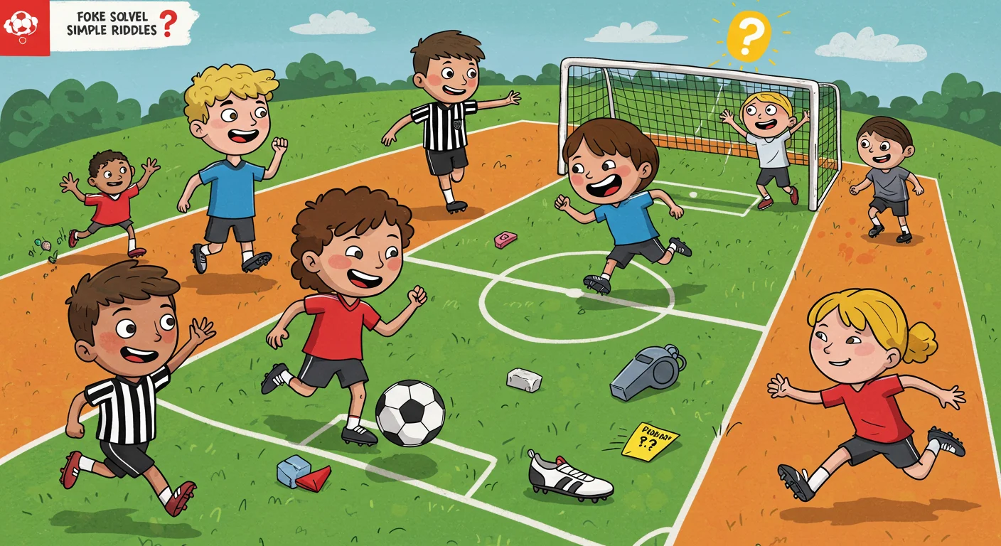 190+ Ultimate Football Riddles for Kids, Adults, and Trivia Fans 1 Children playing soccer on a field with various objects scattered around as part of a riddle game