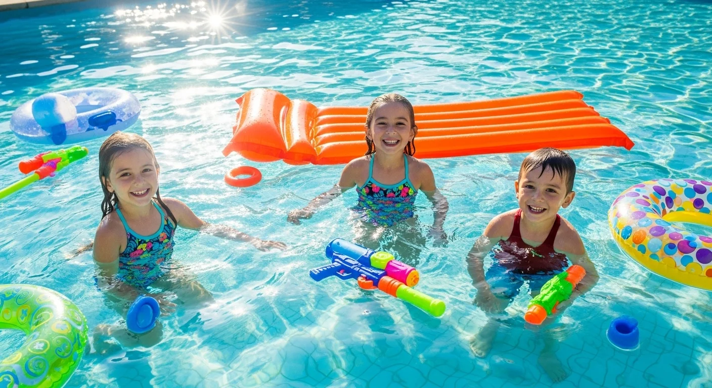125+ Splash-Tastic Swimming Pool Riddles (Answers Inside!) 1 Three happy children playing with colorful water toys and pool floats in bright blue swimming pool riddles