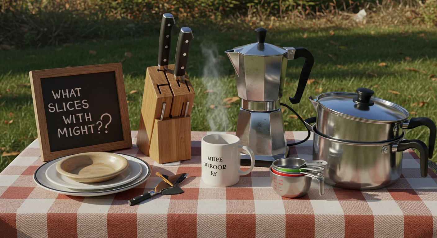 Kitchen items yard sale display with knife set, moka pot, cookware, and a riddle sign asking "What slices with might??"