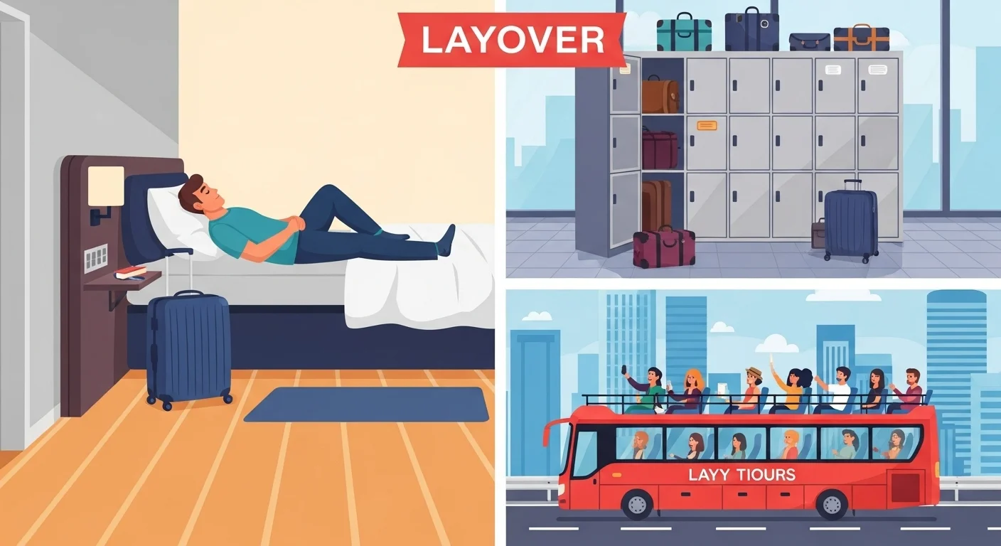 Can You Solve These 150+ Airport Riddles Before Your Flight? 15 Layover travel concept illustration showing hotel rest, airport luggage storage lockers, and city sightseeing tour bus