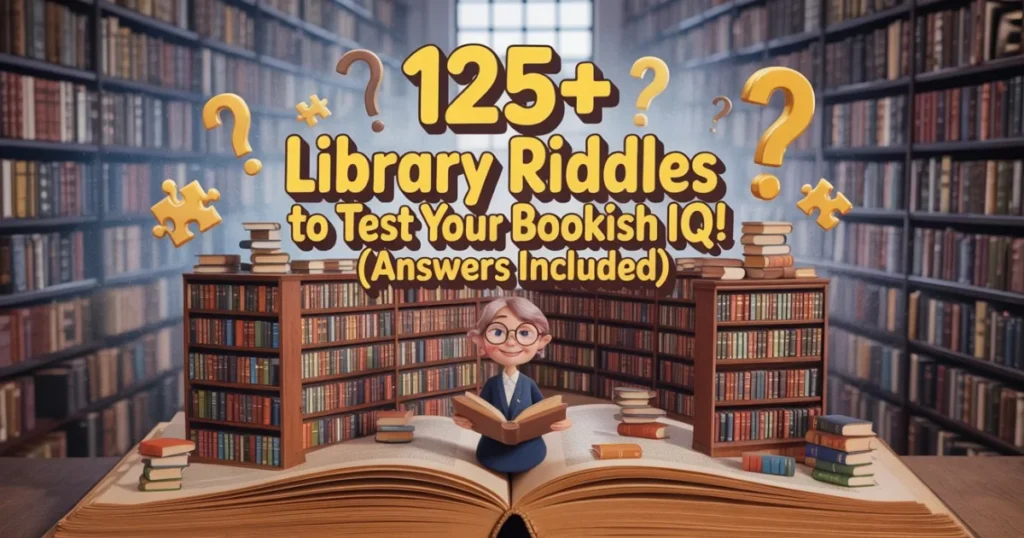 Animated illustration of library with "125+ Library Riddles to Test Your Bookish IQ" text and cartoon librarian