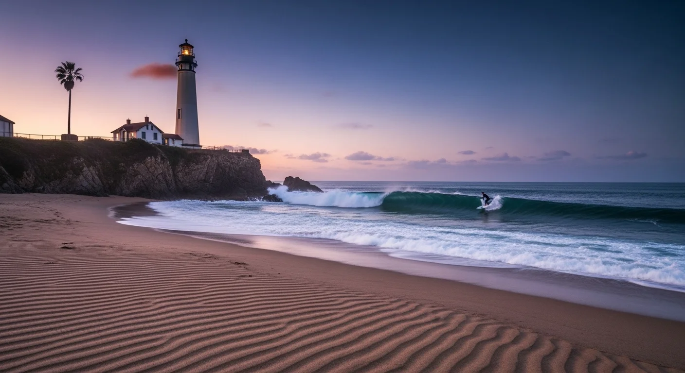 125+ Sandy Beach Riddles to Solve (Answers Included!) 2 Scenic lighthouse on cliff overlooking beach with wave patterns in sand during purple sunset with surfer